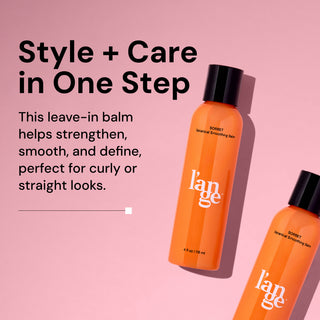 Informational image. Text reads "Style + Care in One Step" "This leave-in balm helps strengthen, smooth, and define perfect for curly or straight looks"