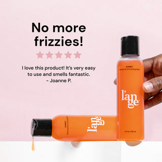 Two Sorbet Botanical Smoothing Balms placed in an L shape on a white prop. The standing bottle is being held by a model and the other bottle is laying flat on the prop while product leaks on the side. A customer review displays effortlessly above the bottles on a mauve background. 