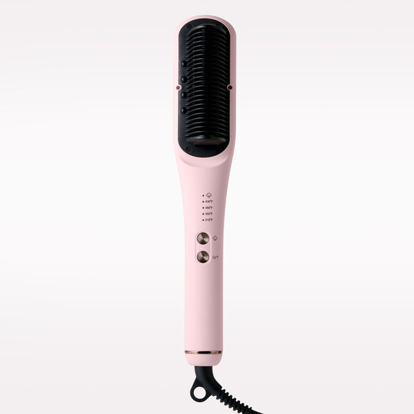 A pink hair Smoothing Comb with a black cord, shown vertically against a light gray gradient background.