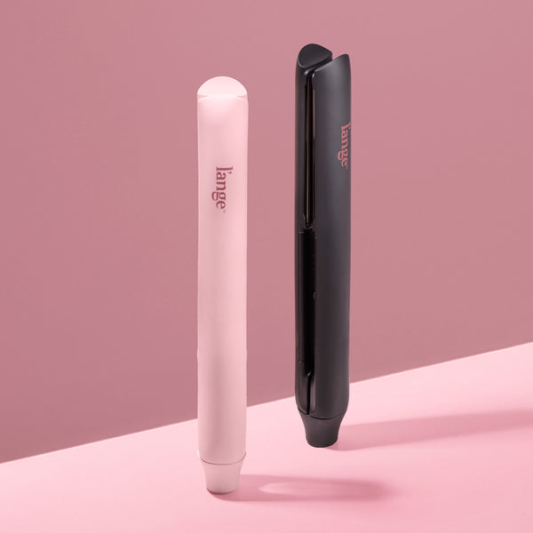 Blush and Black flat irons on a pink background