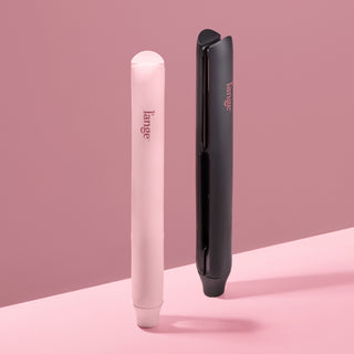 Blush and Black flat irons on a pink background