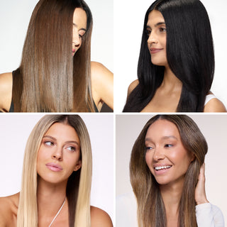 Four women showcasing straight, sleek hair in varying shades including dark brown, black, blonde, and light brown.