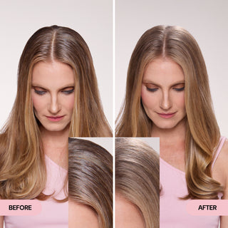 Before & after model showing the top of hair and a close up of the transformation after using Style Revival. 