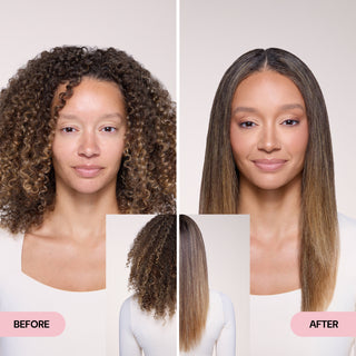 Before and after comparison showing transformation from curly to straight, smooth hair.