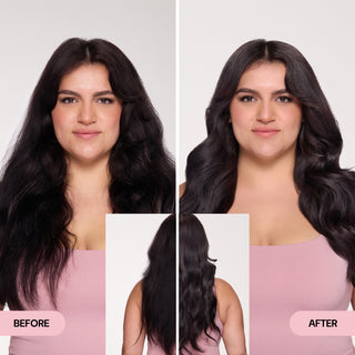 Before and after image showing transformation from frizzy to smooth, voluminous dark hair.