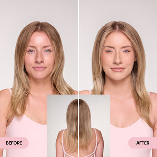 Comparison showcases a woman's hairstyle before and after using a product, highlighting enhanced volume and smoothness. Includes a rear view of the hairstyle transformation.