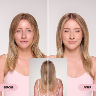 Comparison showcases a woman's hairstyle before and after using a product, highlighting enhanced volume and smoothness. Includes a rear view of the hairstyle transformation.