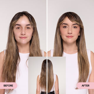 Before and after transformation showcasing a woman's hair improvement, featuring enriched color, enhanced length and volume, and smooth texture.