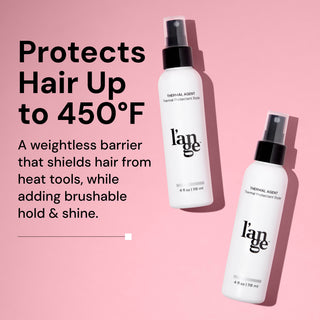 Thermal protectant styling spray, shields hair from heat up to 450°F, adds brushable hold and shine; 4 fl oz (118 ml) bottles on a pink background.