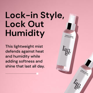 Promotional image of L’ange Thermal Magique Heat & Humidity Tamer on a pink background with bold text stating, “Lock-in Style, Lock Out Humidity,” and a description of its heat defense and shine benefits.