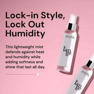 Informational image. Text reads "Lock-in Style, Lock Out Humidity" "This lightweight mist defends against heat and humidity while adding softness and shine that last all day"