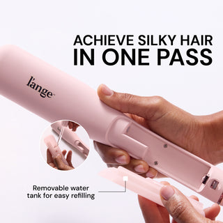 Benefits image. Text reads "ACHIEVE SILKY HAIR IN ONE PASS. Removable water tank for easy refilling"