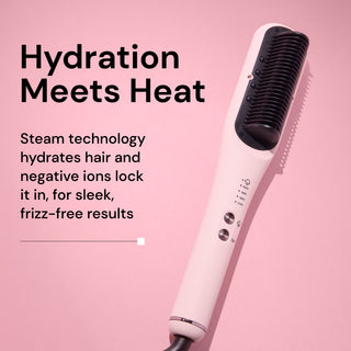 Informational image. Text reads "Hydration Meets Heat. Steam technology hydrates hair and negative ions lock it in, for sleek, frizz-free results"