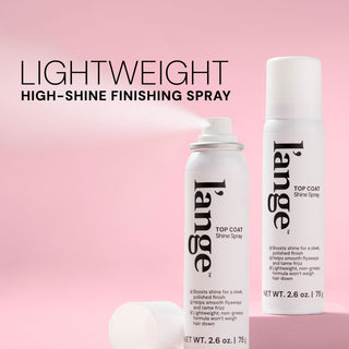L’ange Top Coat high-shine finishing spray bottles on a pink background. Text reads "LIGHTWEIGHT. HIGH-SHINE FNISHING SPRAY"