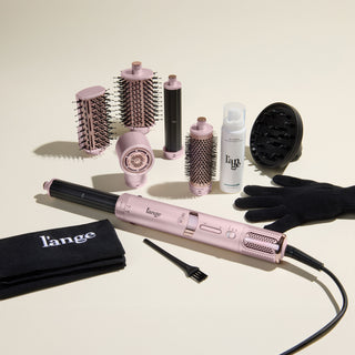 Fresh Blowout Trio Value Set, featuring a Blush TurboStyle dryer with attachments, a diffuser, a heat glove, and Glass Hair, displayed on a beige background