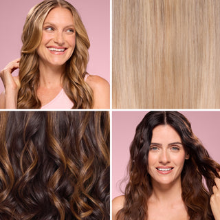Collage showing diverse women with wavy and curly hair in various shades and textures against a pink background.