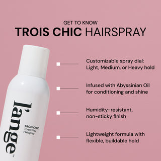 L’ange Trois Chic Three Way Hairspray bottle on a pink gradient background. Text reads: “GET TO KNOW TROIS CHIC HAIRSPRAY.” Feature callouts read: “Customizable spray dial: Light, Medium, or Heavy hold,” “Infused with Abyssinian Oil for conditioning and shine,” “Humidity-resistant, non-sticky finish,” and “Lightweight formula with flexible, buildable hold.”