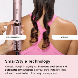 Curl comparison with tool. Text: "WITH SMARTSTYLE" "WITHOUT" "SmartStyle Technology" "A breakthrough in styling: An 8-second cool burst and automatic airflow pause set your curls instantly, then release them into frizz-free, long-lasting styles."