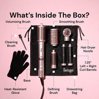 "What’s Inside The Box?" L’ange TurboStyle set with labeled parts: "Volumizing Brush" "Smoothing Brush" "Cleaning Brush" "Hair Dryer Nozzle" "1.25” Left + Right Curl Barrels" "Heat-Resistant Glove" "Defining Brush" "Drawstring Bag" "Base"