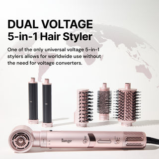 Product lineup with globe graphic behind. Text: "DUAL VOLTAGE 5-in-1 Hair Styler" "One of the only universal voltage 5-in-1 stylers allows for worldwide use without the need for voltage converters."