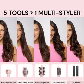 Five hairstyle looks across the top with attachment icons below. Text: "5 TOOLS > 1 MULTI-STYLER" "Hair Dryer Nozzle" "Volumizing Brush" "Smoothing Brush" "Defining Brush" "Curl Barrels".