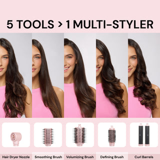 Five hairstyle looks across the top with attachment icons below. Text: "5 TOOLS > 1 MULTI-STYLER" "Hair Dryer Nozzle" "Volumizing Brush" "Smoothing Brush" "Defining Brush" "Curl Barrels".