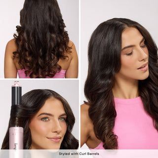 Curled-hair results collage with tool in use. Text: "Styled with Curl Barrels".