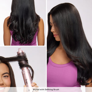 Smooth, defined hair results collage with tool in use. Text: "Styled with Defining Brush".