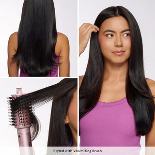 Before-and-after styling collage of a woman with long dark hair using a round brush attachment. Bottom text reads: “Styled with Volumizing Brush.”