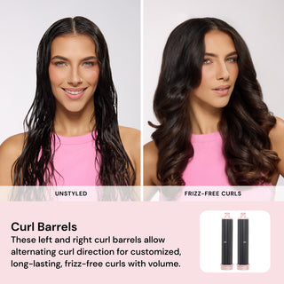 Curl result comparison. Text: "UNSTYLED" "FRIZZ-FREE CURLS" "Curl Barrels" "These left and right curls allow alternating curl direction for customized, long-lasting, frizz-free curls with volume."