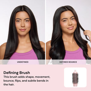 Hair result comparison. Text: "UNDEFINED" "DEFINED BOUNCE" "Defining Brush" "This brush adds shape, movement, bounce, flips, and subtle bends in the hair."