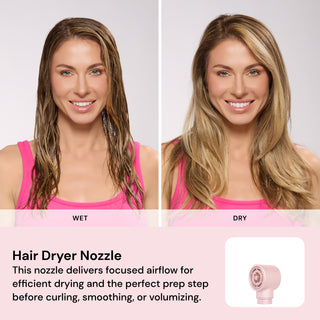 Drying result comparison. Text: "WET" "DRY" "Hair Dryer Nozzle" "This nozzle delivers focused airflow for efficient drying and the perfect prep step before curling, smoothing, or volumizing"