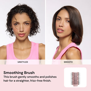 Smoothing result comparison. Text: "UNSTYLED" "SMOOTH" "Smoothing Brush" "This brush gently smooths and polishes hair for a straighter, frizz-free finish."