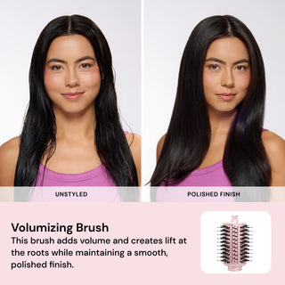 Before-and-after comparison of a woman with long dark hair. Left image labeled “UNSTYLED,” right image labeled “POLISHED FINISH.” Below, text reads: “Volumizing Brush. This brush adds volume and creates lift at the roots while maintaining a smooth, polished finish.”