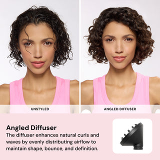 Side-by-side comparison of curly hair labeled ‘UNSTYLED’ on the left and ‘ANGLED DIFFUSER’ on the right. Text follows ‘Angled Diffuser. The diffuser enhances natural curls and waves by evenly distributing airflow to maintain shape, bounce, and definition.’”
