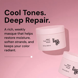 Two jars of L’ange Violet Purple Toning Masque on a pink background. Bold black text reads: ‘Cool Tones. Deep Repair.’ Subheading states: ‘A rich, weekly masque that helps restore moisture, soften strands, and keeps your color radiant