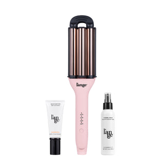Pink hair waver with black accents alongside a tube of split end sealer and a bottle of thermal protection spray, all branded with "l’ange".