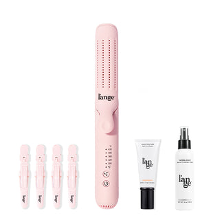 A set of hair styling tools and products from L’ange, including Alligator Hair Clips (4), a pink Le Duo 360° Airflow Titanium Styler tool, a squeeze bottle of BackTogether Split End Sealer, and a bottle of Salt + Sea Texturizing Spray. All items are arranged against a white background.