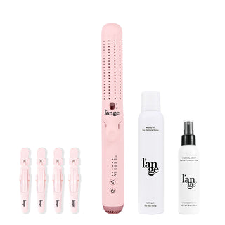A set of hair styling tools and products from L’ange, including Alligator Hair Clips (4), a pink Le Duo Flex 360° Airflow Titanium Styler tool, a can of Move-It Dry Texture Spray, and a bottle of Thermal Agent Thermal Protectant Styler. All items are arranged against a white background.