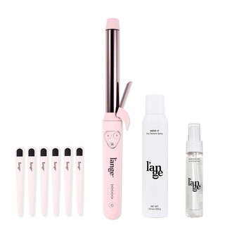 A set of hair styling tools and products from L’ange, including Sectioning Hair Clips (6), a pink Le Pirouette Titanium Rotating Curling Iron, a can of Move-It dry texture spray, and a bottle of Satin Nectar Nourishing Gloss. All items are arranged against a white background.