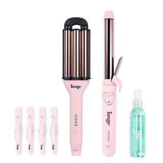 A set of hair styling tools and products from L’ange, including Alligator Hair Clips (4), a pink Le Pirouette Titanium Rotating Curling Iron, a pink VersaWaver Adjustable Titanium Waver, and a bottle of Salt + Sea Texturizing Spray. All items are arranged against a white background.