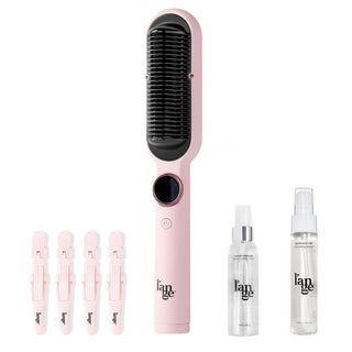 A set of hair styling tools and products from L’ange, including Alligator Hair Clips (4), a pink Smooth-It 2-in-1 Digital Straightening Comb tool, a bottle of Thermal Magique Heat & Humidity Tamer , and a bottle of Satin Nectar Nourishing Gloss. All items are arranged against a white background.