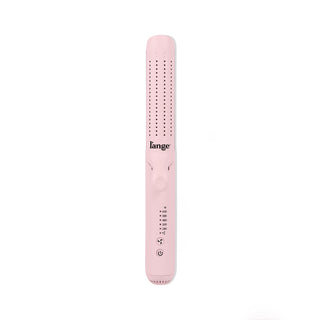 Pink hair straightener with adjustable temperature settings and power button, featuring a sleek design.