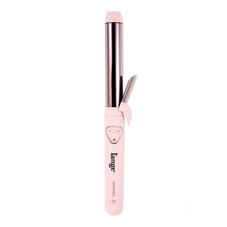 Pink curling iron with a glossy barrel and adjustable temperature controls.