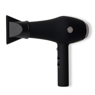 Soleil Professional Hair Dryer in Black with silver L'ange logo, black cap and filter on a white background.