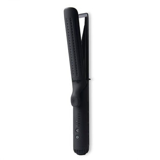 The black Le Duo Grande is open & stands vertically, showing cooling vents, temperature range & more.