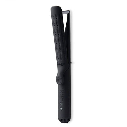 The black Le Duo Grande is open & stands vertically, showing cooling vents, temperature range & more.