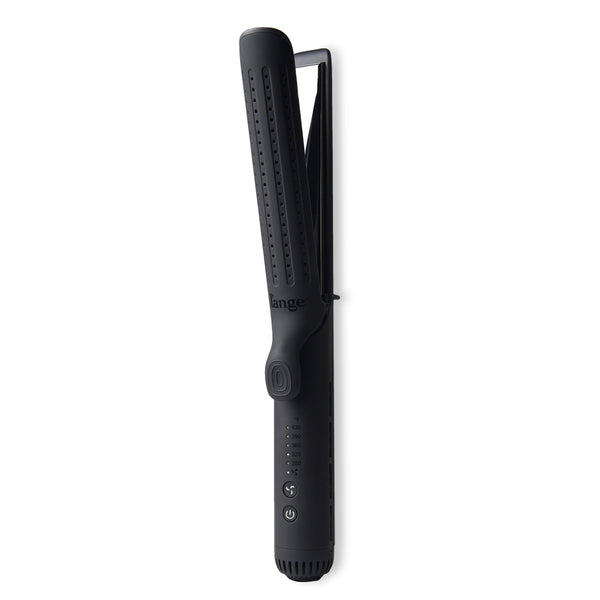 The black Le Duo Grande is open & stands vertically, showing cooling vents, temperature range & more.