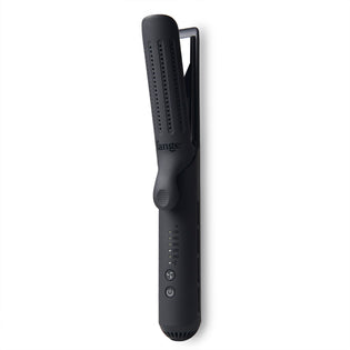 The black Le Duo is open & stands vertically, showing cooling vents, temperature range & more.