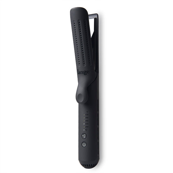 The black Le Duo is open & stands vertically, showing cooling vents, temperature range & more.